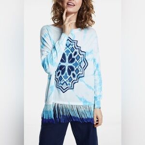 Desigual Fringed Tie-Dye Long Sleeve Sweater Blue & White - Size S